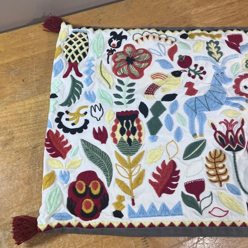 IKEA Rodarv Embroidered Lumbar Pillow Cover White Grey Multi Gazelle Floral